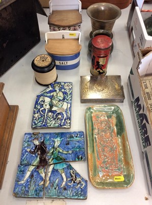 Lot 449 - Two broken Isnik tiles together with a TG Green Salt box, Huntley & Palmers Money box and other items