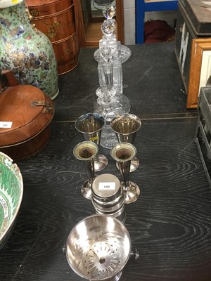 Lot 199 - Mappin and Webb silver plated ice bucket (naval?), other silver plate and glass decanters