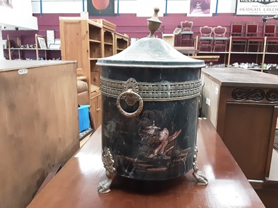 Lot 936 - Toleware coal box with chinoiserie decoration together with a similar fire screen (2)
