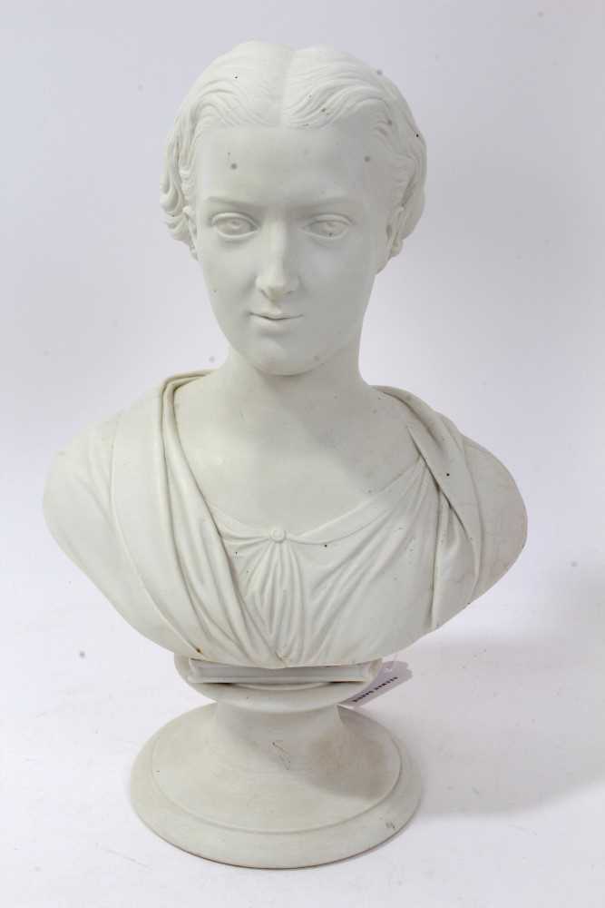 Lot 35 - 19th Century Royal Copenhagen Parian Ware bust of Princess Alexandra, by Theobald Stein (1829 - 1901), raised on plinth base with impressed factory marks to reverse.