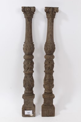 Lot 785 - Good pair of carved oak columns with Green Man decoration, probably 18th century
