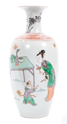 Lot 37 - Fine antique Chinese famille verte porcelain baluster vase, Kangxi style but probably later, decorated with a scene of children playing, 21cm height
