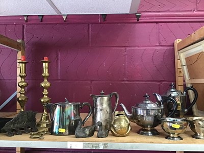 Lot 500 - Silver plated tea and coffee set, pair brass candlesticks and other metal ware