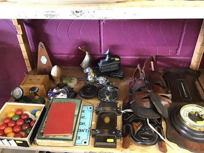 Lot 502 - Wall barometer, carved wood tribal masks, ornaments and sundries