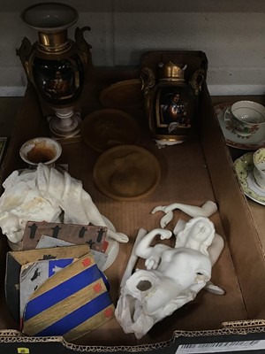 Lot 56 - Pair 19th century Paris porcelain vases - damaged, three wax plaques of Napoleon and Wellington and sundries