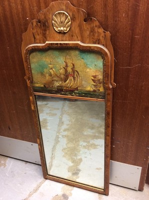 Lot 400 - Reproduction walnut wall mirror with painted galleon decoration