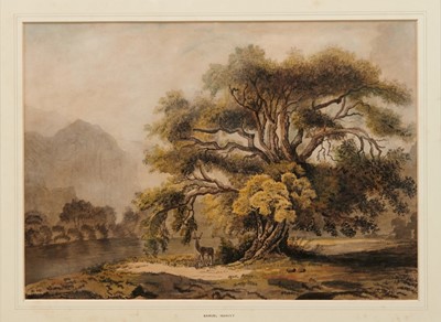 Lot 503 - Attributed to Samuel Howitt (c.1765-1822) watercolour - stag beneath an oak tree in mountainous landscape, apparently unsigned, in glazed gilt frame, 30cm x 42cm