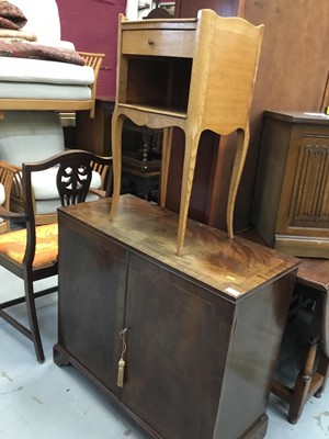 Lot 863 - 19th century inlaid mahogany cupboard with two shelves 88cm wide,78cm high and continental oak bedside cabinet (2)