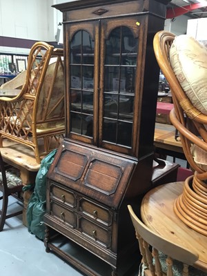Lot 864 - 1920s oak bureau bookcase with geometric panelled decoration on spiral twist legs 205 cm x 75cm