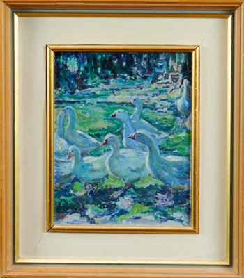 Lot 54 - Rita Greig (1918-2011) oil on board - 'Geese, evening light'