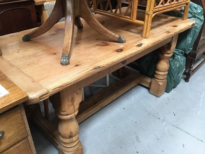 Lot 866 - Victorian-style pine kitchen table with turned legs joined by stretcher 166 long, 81 cm wide, 76cm high
