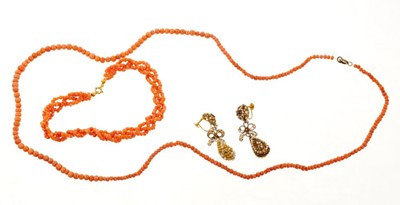 Lot 426 - Pair of Regency gold cannetille and seed pearl pendant earrings and a coral bead necklace and bracelet