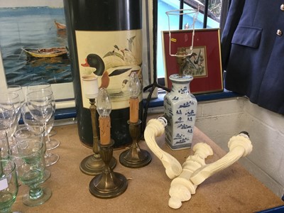 Lot 164 - Large pricket candlestick together with brass lamps and other items