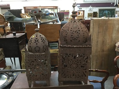 Lot 313 - Two large pierced metal hanging garden lanterns