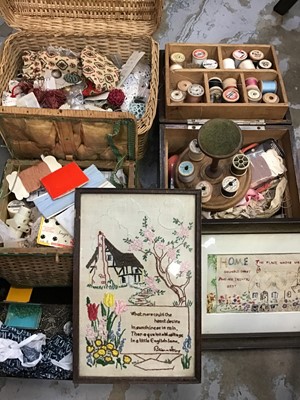 Lot 530 - Two needlework pictures, vintage sewing boxes with contents and other sewing accessories