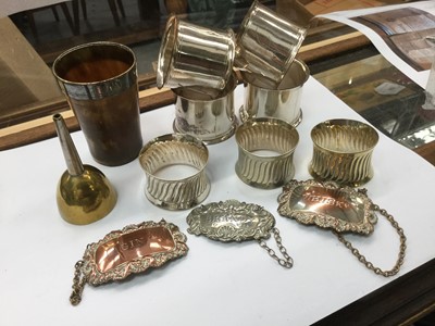 Lot 689 - Horn beaker, silver Brandy label, plated napkin rings and spirit labels