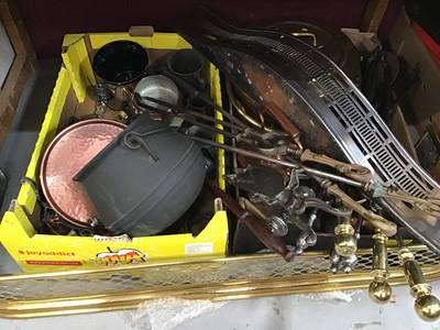 Lot 543 - Brass and metal fire fenders, brass log bin, fire utensils and other metal ware