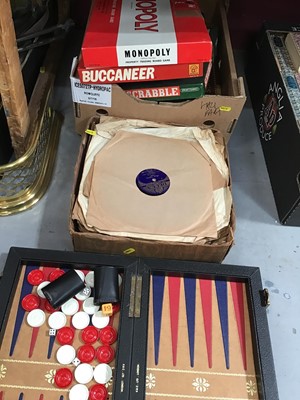Lot 545 - Vintage Monopoly and Buccaneer board games and other plus box of 78 rpm records