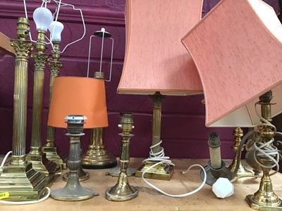 Lot 548 - Corinthian column brass table lamps, other brass table lamps and twin sconce wall light fitting