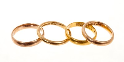 Lot 416 - 22ct wedding ring and three 9ct gold wedding rings