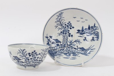 Lot 54 - 18th century Lowestoft blue and white porcelain tea bowl and saucer, with chinoiserie pattern