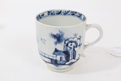 Lot 56 - 18th century Lowestoft blue and white porcelain cup and saucer, c. 1775, decorated with chinoiserie pattern, painter's mark inside footrim of cup