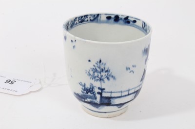 Lot 56 - 18th century Lowestoft blue and white porcelain cup and saucer, c. 1775, decorated with chinoiserie pattern, painter's mark inside footrim of cup