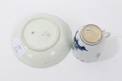 Lot 56 - 18th century Lowestoft blue and white porcelain cup and saucer, c. 1775, decorated with chinoiserie pattern, painter's mark inside footrim of cup