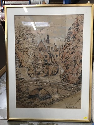 Lot 83 - Allan Dorian Clark (b.1947) pen and ink drawing on buff paper - a country house, an oil on paper of a Mediterranean view and a signed etching, each in glazed frame
