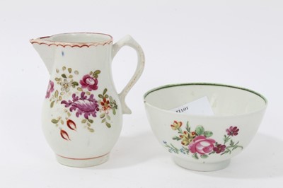 Lot 58 - 18th century Lowestoft porcelain sparrow beak jug, decorated in polychrome enamels with floral sprays, and a similarly decorated Lowestoft tea bowl