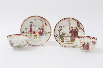 Lot 59 - Two pairs of 18th century Lowestoft porcelain tea bowls and saucers, decorated in polychrome enamels with chinoiserie figural scenes (4)