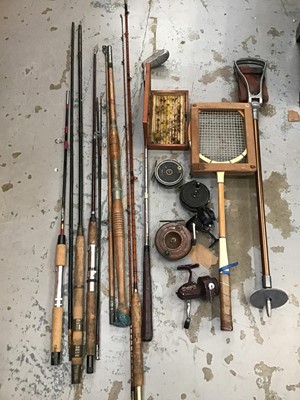 Lot 517 - Shooting stick, golf club, tennis  racket and fishing rods
