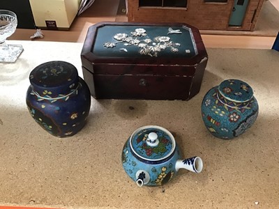 Lot 68 - Japanese lacquer box with mother of pearl decoration to lid with other oriental wares