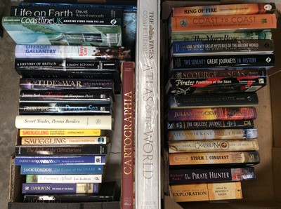 Lot 425 - Two boxes sea exploration books including Smuggling, Coast to Coast, Cartographia, Pirates etc
