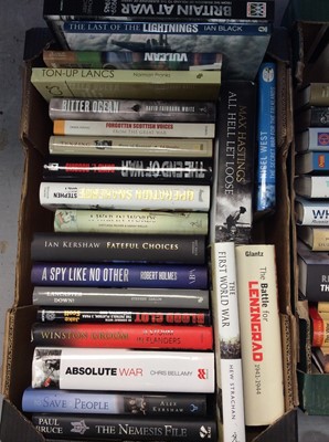 Lot 441 - Three boxes military related books including Auschwitz, Leningrad, Remembering D Day, aircraft books etc