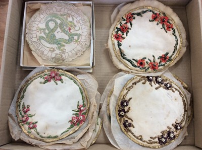 Lot 421 - Collection vintage cloth plate centres with painted floral and gilt decoration and set of six dragon circular fabric panels