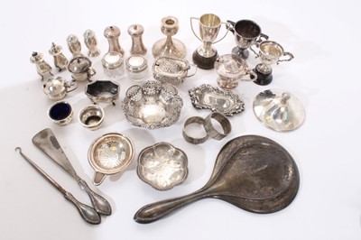 Lot 300 - Selection of 19th/20th century silver, including condiments, hand mirror, small trophy cups and other items (Various dates and makers) Approximately 20ozs weighable silver. (qty)