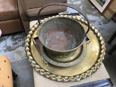 Lot 1014 - Brass top occasional table on stand with three other brass items