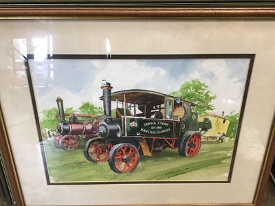 Lot 88 - C C Turner - set of four watercolours of traction engines, framed and glazed together with an oil on board of a man on a tractor (unglazed)
