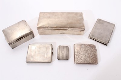 Lot 303 - Three early 20th century cigarette cases, a book match cover, a small cigarette box and a long rectangular cigarette case silver frame (Various dates and makers) 22ozs weighable silver. (6)