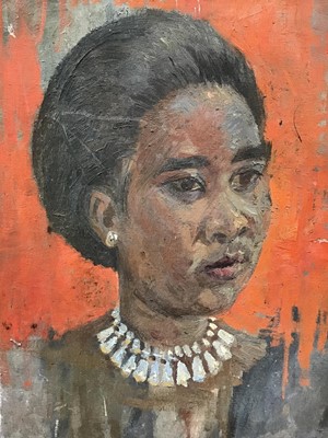 Lot 89 - Mid 20th C. Portrait of a lady in pearls, oil on canvas together with various paintings of farm animals including a cockerel, pig with piglets and others similar, framed