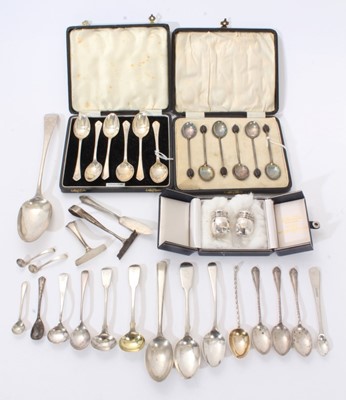 Lot 309 - Selection of assorted silver flatware, together with two cased sets of silver spoons and a pair of miniature silver peppers (Various dates and makers) All at approximately 13ozs. (qty)