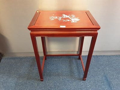 Lot 920 - Chinese hardwood occasional table with mother of pearl inlaid decoration depicting birds on a branch