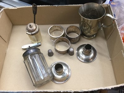 Lot 692 - Three silver napkin rings, two silver sconces together with other silver and plated ware