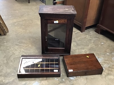 Lot 943 - Small oak display cabinet, together with a cutlery box and a glazed table cabinet