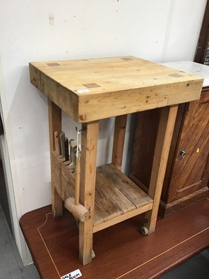 Lot 975 - Pine butchers block with a selection of knives