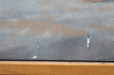 Lot 1193 - Francis Plummer (1930-2019) egg tempera on board - seated figures, initialled and dated '74, unframed, 62cm x 160cm