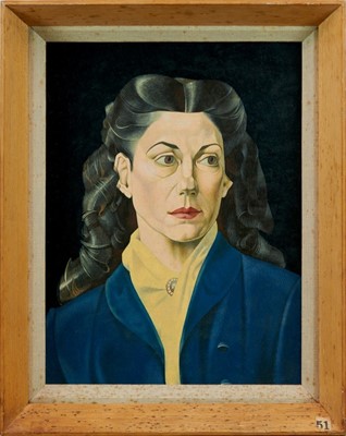 Lot 1181 - Francis Plummer (1930-2019) egg tempera on board - portrait of a lady in blue coat, apparently unsigned, framed, 42.5cm x 32cm