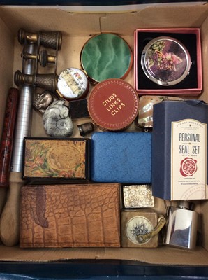 Lot 487 - Pair of vintage opera glasses together with a ring sizer, compacts and sundries