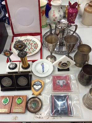 Lot 491 - Group military presentation silver plated cups, trophy plaques, ashtrays etc